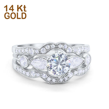 14K White Gold Three Piece Wedding Promise Bridal Set Ring Band Engagement Simulated CZ Size-7